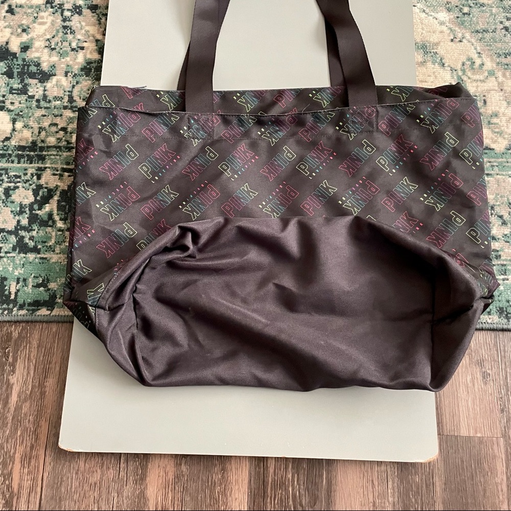 PINK Victoria’s Secret Black Zip Up Tote Bag Black Fluorescent Allover Logo - Picture 3 of 11
